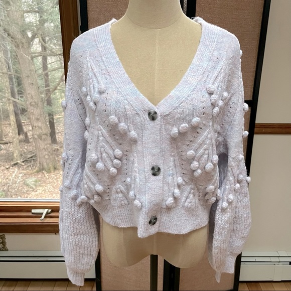 Wild Luxe Sweaters - LAST 1! Cropped Pom Pom Lavender Sweater Cardigan